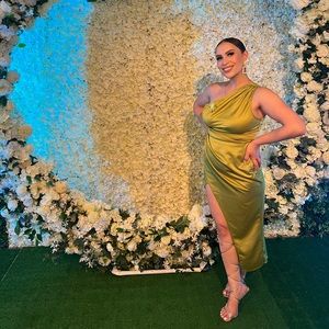 Petite Champagne Satin Off The Shoulder Draped Skirt Midi Dress